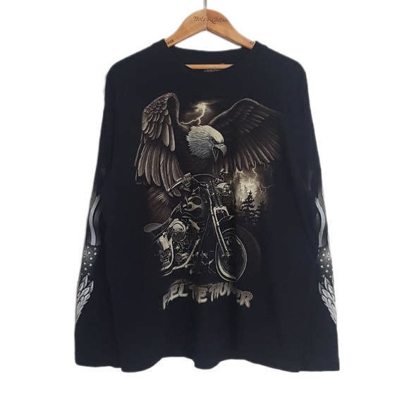 Vintage Rock Eagle "Feel the Thunder" Eagle Motorcycle Black Longsleeved T-Shirt - Picture 1 of 5